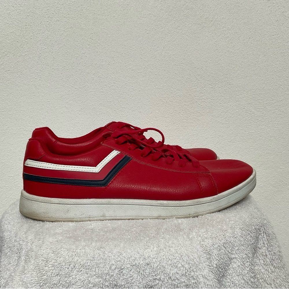 Pony Racer Red With Blue, White Striped Leather Sneakers Size 11.5 Men's